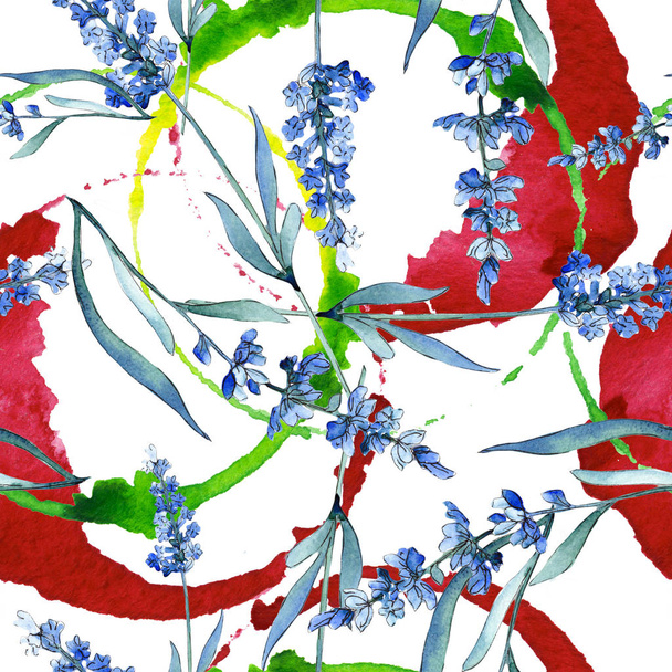 Blue lavender floral botanical flowers. Watercolor background illustration set. Seamless background pattern. - Foto, afbeelding
