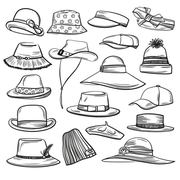 Set of vector graphic headdress, different styles and characters. Black and white doodle, hand drawn illustration. Including men and women every season hats, caps and head scarf - Вектор, зображення