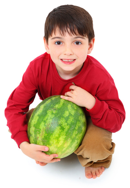 Attractive Caucasian Boy Child Picking Whole Watermelon - Fotoğraf, Görsel