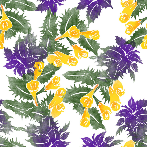 Seamless pattern with forest herb with purple leaves and yellow flowers - Фото, изображение