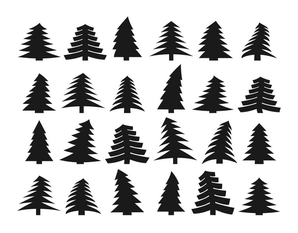Set of different dark silhouettes of pines - Vector, Image