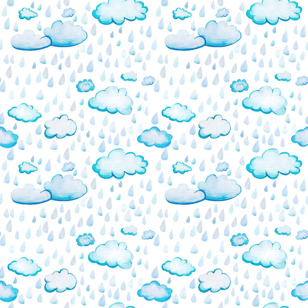 Bezszwowy wzór z akwarelą chmur i deszczem. - Zdjęcie, obraz