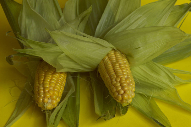 Cropped Shot Of Corn. Fresh Corn On Yellow Background, Close Up. Abstract Natural Background. Yellow Background. Fruits And Vegetables Background. Abstract Food. - Foto, Imagen