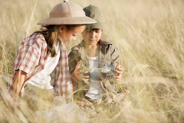 Boy looking through binoculars in a thick dry grass  - Photo, Image