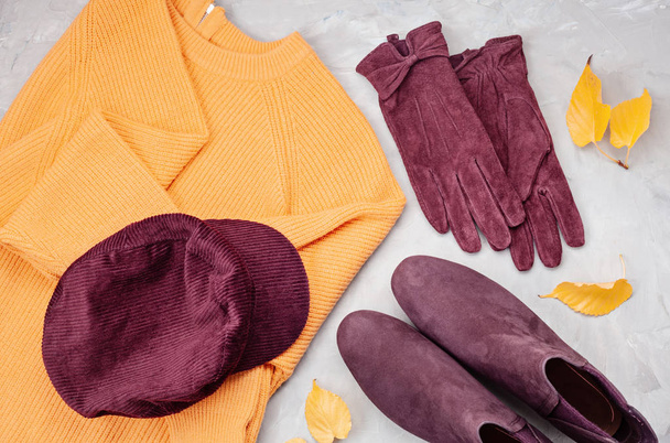 Flat lay with comfort warm outfit for cold weather. Comfortable  - Photo, Image