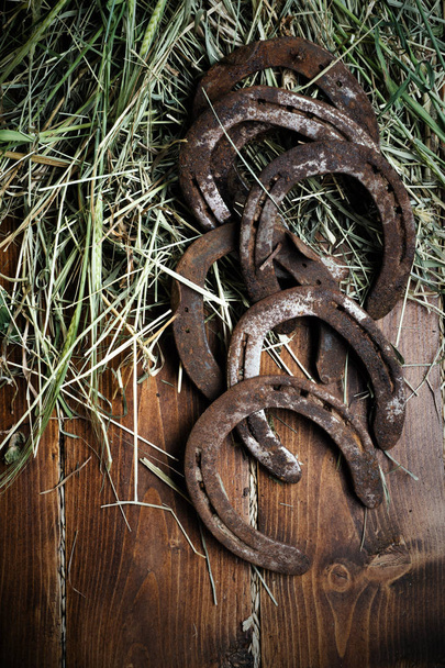 Equesrtian background. Lucky old  horseshoes laying at wooden ba - Foto, Bild