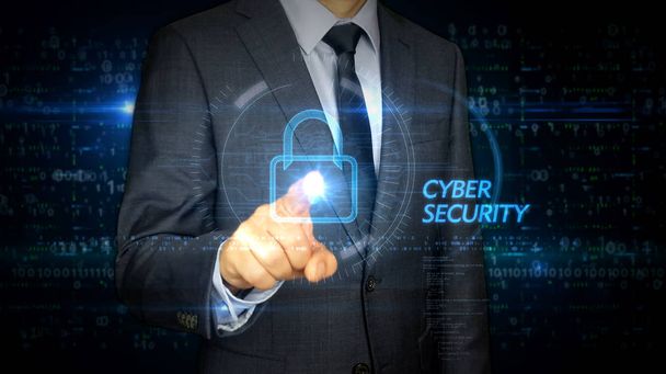 Pantalla táctil de hombre de negocios con holograma de seguridad cibernética
 - Foto, Imagen