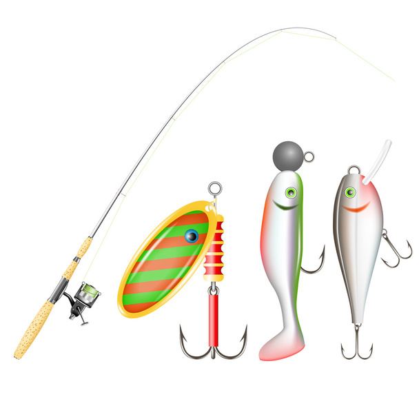 Fishing rod, reel and lures. Vector illustration - Vektori, kuva