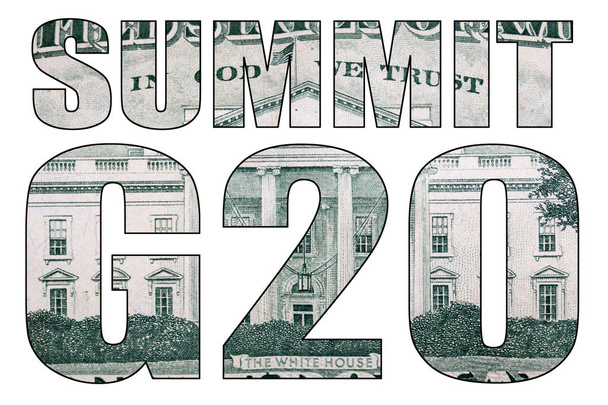 Napis na szczycie G20 z fakturą banknotu dolara na białym tle - Zdjęcie, obraz