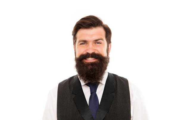 Vintage style. Hipster appearance. Man bearded hipster stylish formal vest and necktie. Beard and mustache. Bearded and cool. Barber tips maintain long beard shape. Beard fashion and barber concept - Photo, Image