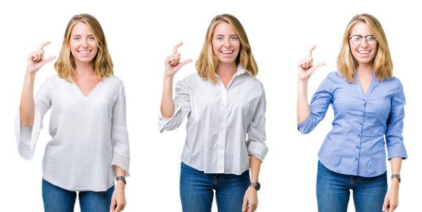 Collage de belle femme d'affaires blonde sur fond blanc isolé geste souriant et confiant avec la main faisant signe de taille avec les doigts tout en regardant et la caméra. Concept de mesure
. - Photo, image