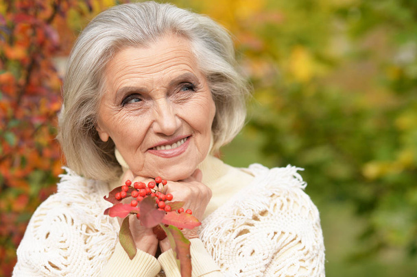 Happy senior woman posing  in  autumn park - Фото, зображення
