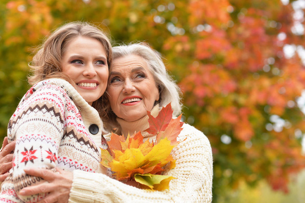Senior woman with daughter resting in autumnal park - Foto, Imagen