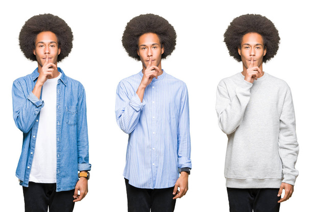 Колаж молодої людини з афро волоссям над білим ізольованим тлом з проханням бути тихим пальцем на губах. Тиша і таємна концепція
. - Фото, зображення
