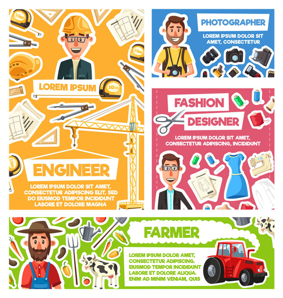 Engineer, photographer, farmer, fashion designer - Vector, Image