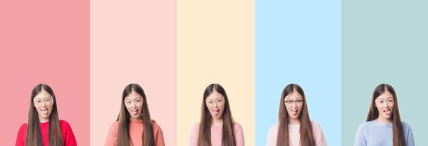 Collage de belle femme asiatique sur des rayures colorées fond isolé langue collante heureux avec une expression drôle. Concept d'émotion
. - Photo, image