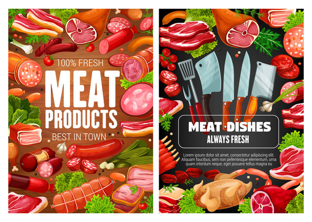 Meat sausages, ham, bacon, salami, herbs, spices - Vector, Image