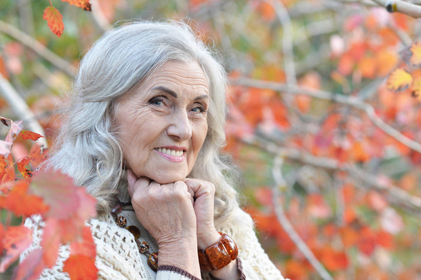 Happy senior woman in  autumn park - Foto, Imagen