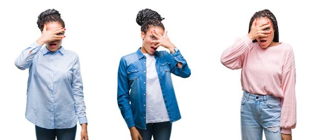 Collage van mooi gevlochten haar Afrikaanse Amerikaanse vrouw op geïsoleerde achtergrond gluren in schok voor gezicht en ogen met hand, op zoek door vingers met beschaamd expressie. - Foto, afbeelding