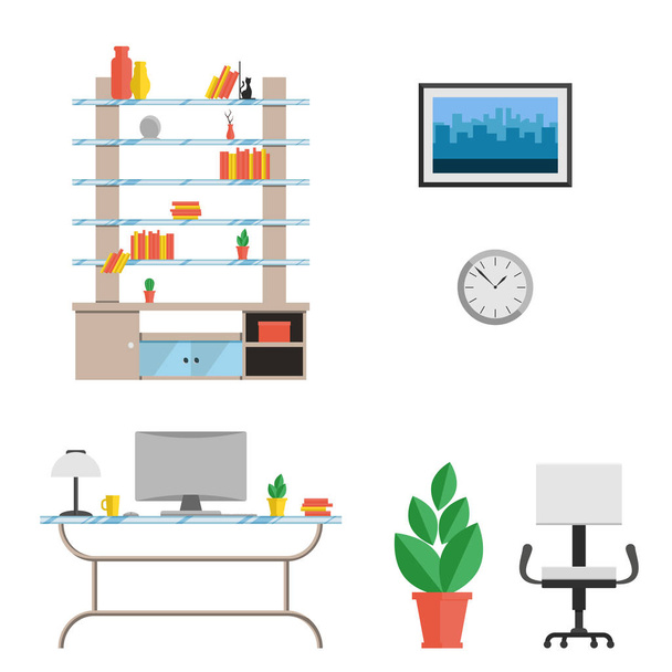 A set of furniture for the cabinet in a modern high-tech style. Vector flat illustration. The interior of the room - Vector, Image