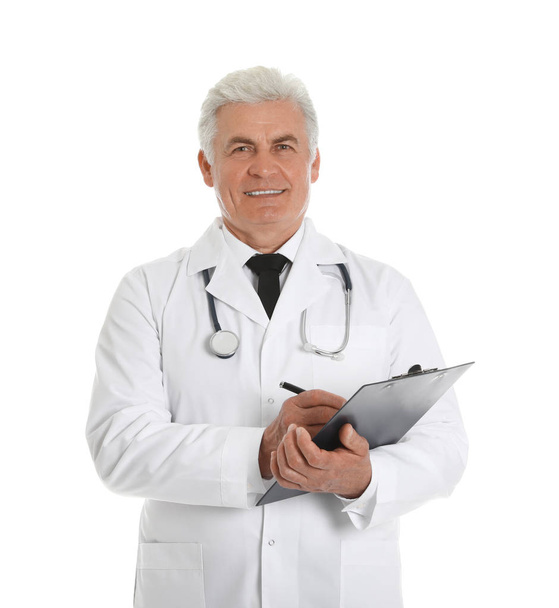 Portrait of male doctor with clipboard isolated on white. Medical staff - Foto, Imagen