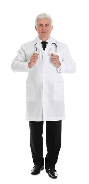 Full length portrait of male doctor with stethoscope isolated on white. Medical staff - Foto, Imagem