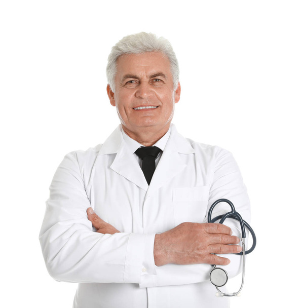 Portrait of male doctor with stethoscope isolated on white. Medical staff - Φωτογραφία, εικόνα
