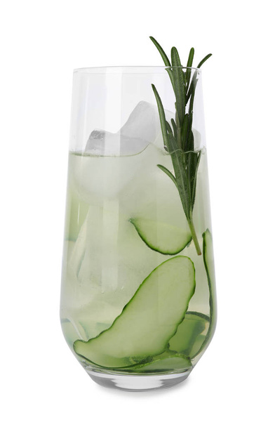 Glass of refreshing cucumber lemonade and rosemary on white background. Summer drink - Foto, immagini