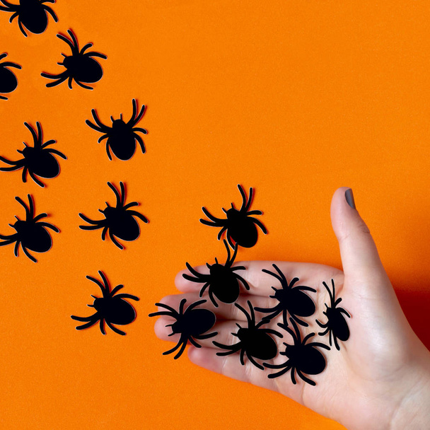 Το θηλυκό χέρι άφησε τις χάρτινες αράχνες. Απόκριες ιδέα  - Φωτογραφία, εικόνα