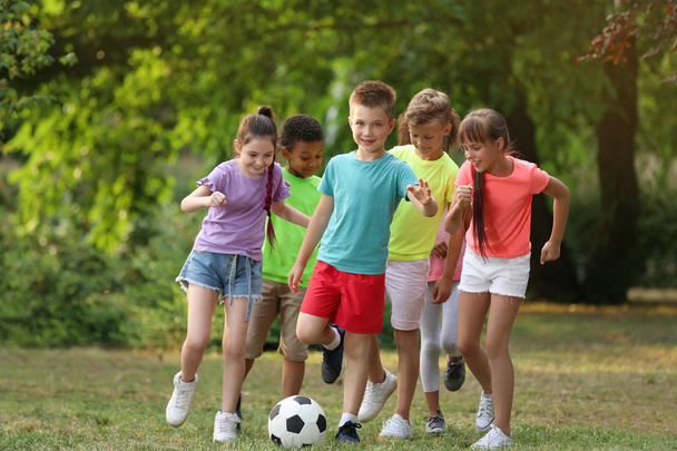 Χαριτωμένα μικρά παιδιά που παίζουν με μπάλα ποδοσφαίρου στο πάρκο - Φωτογραφία, εικόνα
