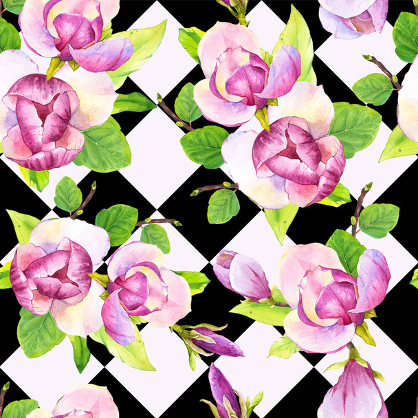 Spring seamless background with watercolor magnolia. Floral purple pattern with realistic flowers on geometric background for your design and decor. - Photo, Image