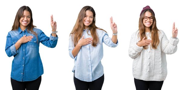 Collage einer schönen jungen Frau vor isoliertem Hintergrund, die mit der Hand auf Brust und Finger flucht und einen Treueschwur leistet - Foto, Bild