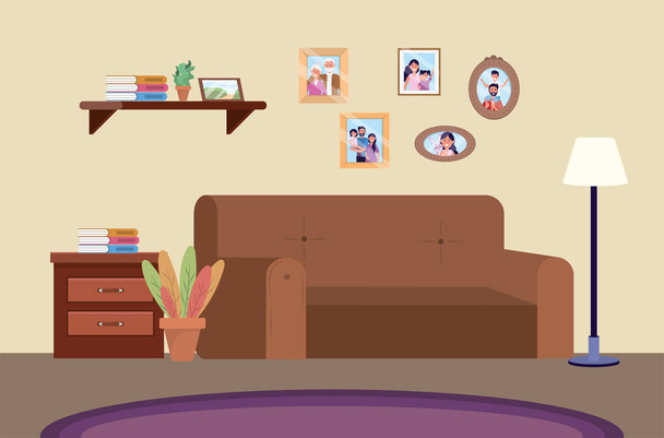 kanepe ve aile resimleri ile dalış odası - Vektör, Görsel