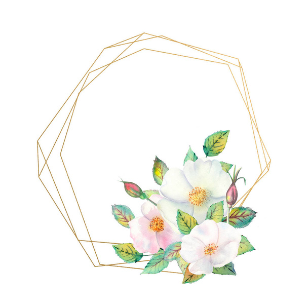 Flowers of white rose hips, red fruits, green leaves, the composition in a geometric Golden frame. Flower poster, invitation. Watercolor compositions for the design of greeting cards or invitations. - Fotoğraf, Görsel