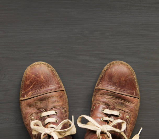 leather shoes on wooden floor - 写真・画像
