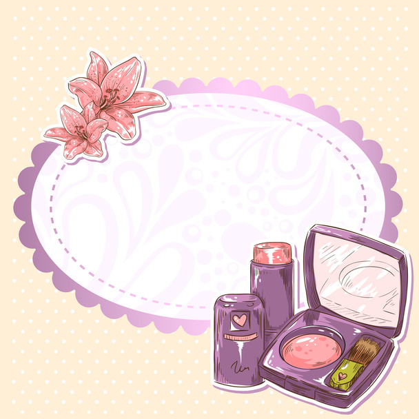 Skincare make-up blusher, eye-shadow and lipstick isolated card - Вектор, зображення