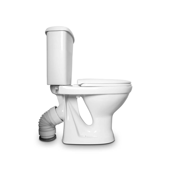 White ceramic toilet. Side view. Close up. Isolated on white bac - Zdjęcie, obraz