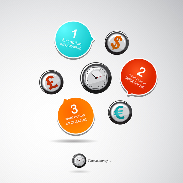Opciones de infografía banners con reloj y tres símbolos de moneda diferentes
. - Vector, Imagen