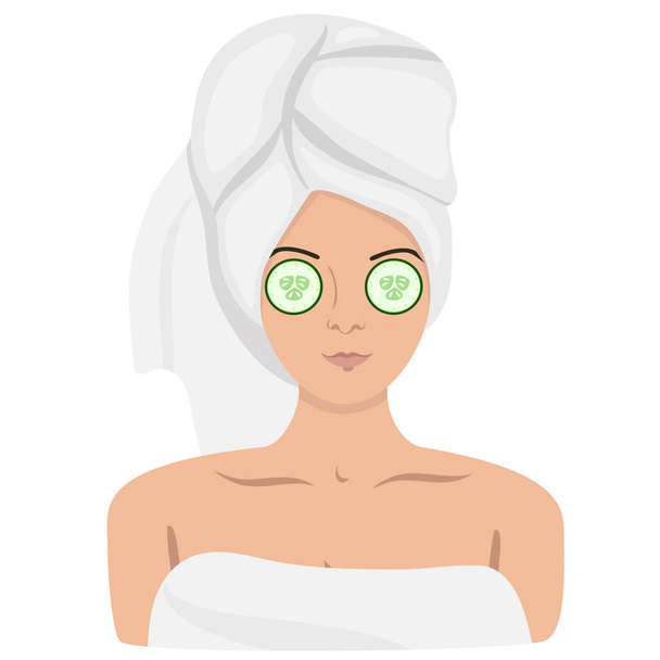 Μια γυναίκα σε ένα σπα με μια πετσέτα στο κεφάλι και μια μάσκα στο πρόσωπό της. Απομονωμένη εικόνα. Διανυσματικά γραφικά. - Διάνυσμα, εικόνα