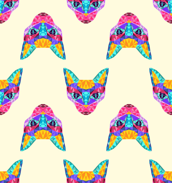 Patrón de Nueva onda trasera de neón vaporwave synthwave gato, colorido 80-90 diseño de poli baja. Retrato animal postmodernismo ilustraciones de tarjetas en el paisaje nocturno
. - Vector, Imagen
