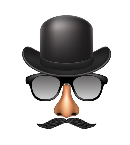 Funny mask made of glasses, mustache, nose and bowler hat - Vector, Image