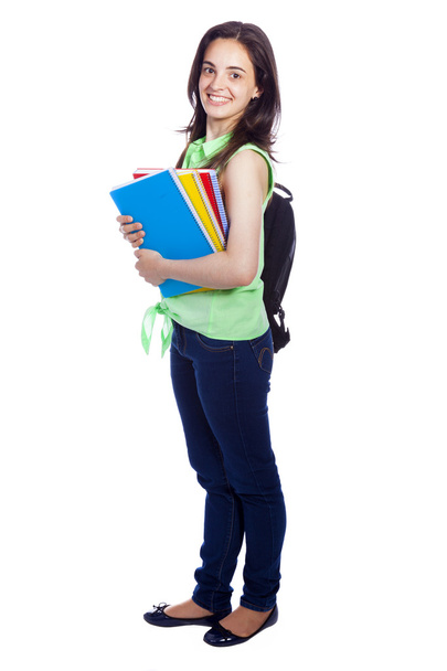 Full body portrait of a female student carring notebooks and bac - Fotoğraf, Görsel