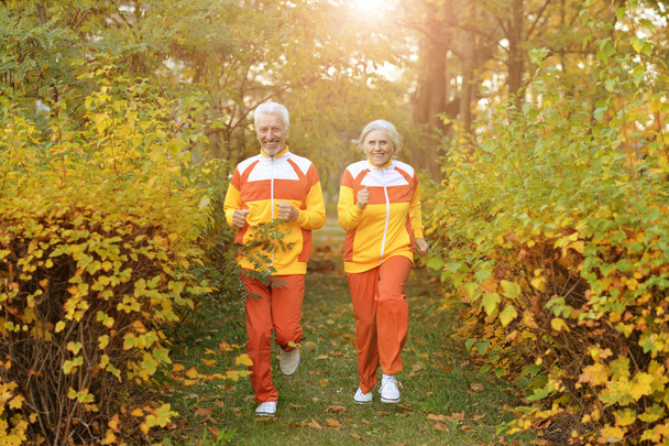 Happy fit senior couple jogging in autumn park - Foto, imagen