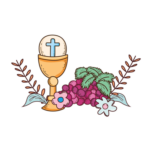 sacred chalice religious with grapes - Vector, Image