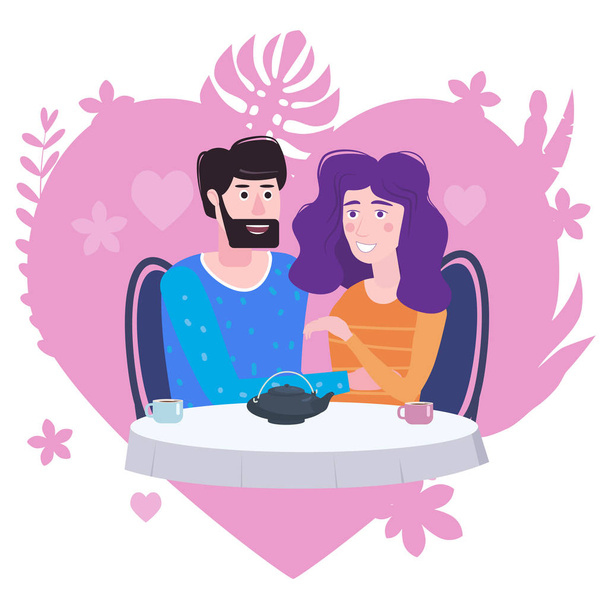 Το στοργικό ζευγάρι πίνει τσάι στο καφέ. Ένας άντρας και μια ερωτευμένη γυναίκα, κάθονται σε ένα τραπέζι. Αγάπη φιλία και επικοινωνία, αγάπη καρδιά χλωρίδα αντίληψη του ιστορικού. Η απεικόνιση διανύσματος απομονώθηκε - Διάνυσμα, εικόνα