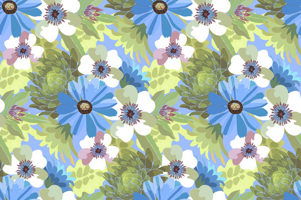 Blue and white flowers with green leaves. - Vector, imagen