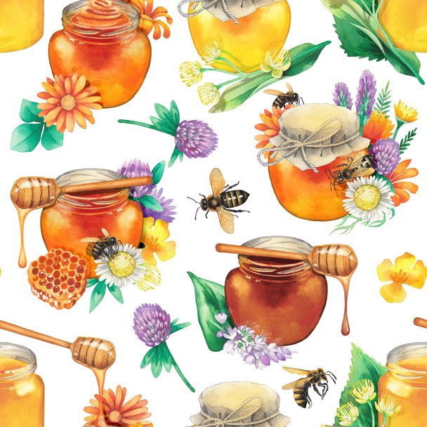 Watercolor pattern of honey and floral decorations - Photo, Image