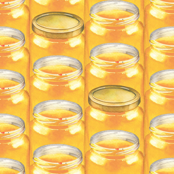 Watercolor pattern of honey bottles, honeycombs, bees and flowers. - Photo, image
