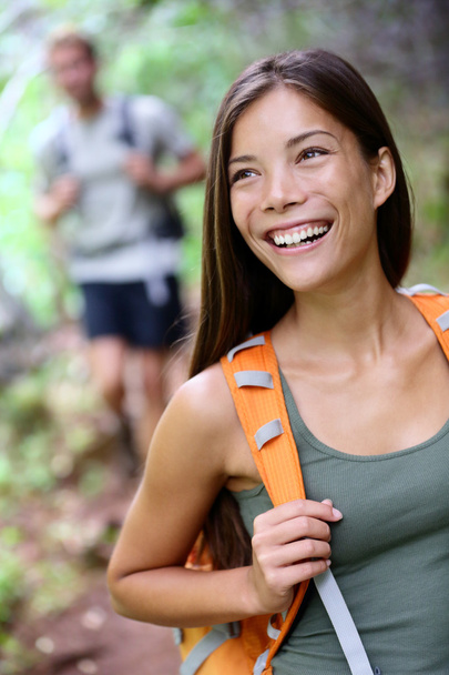 Hiking woman - portrait of female hiker happy - Photo, image