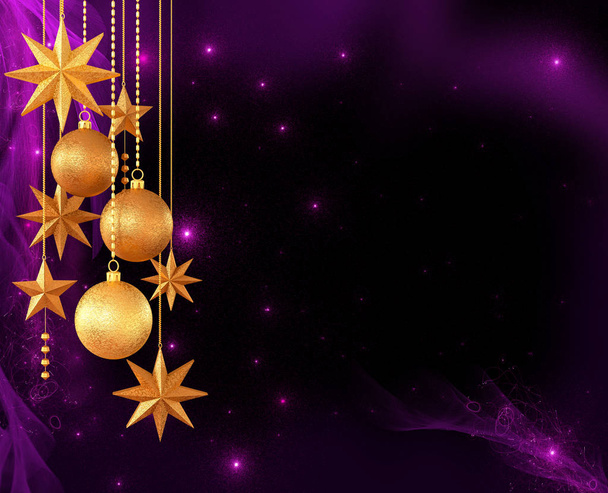 クリスマス暗い輝く背景、新年、光沢のある黄金のボール、多色の蛇行、カール、燃えるライト。3D レンダリング - 写真・画像